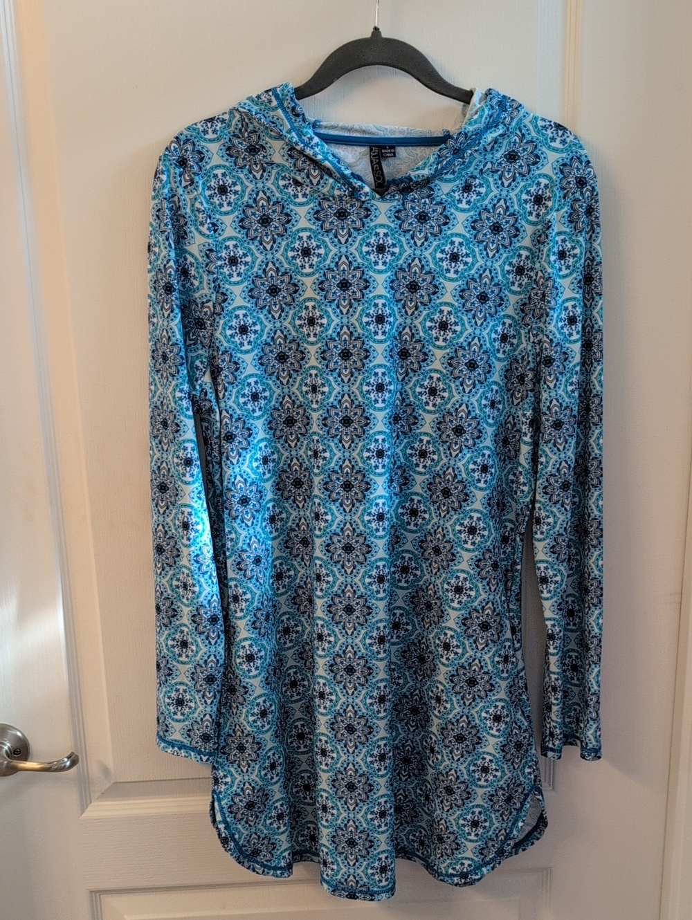 Blue Patterned Long-Sleeve SPF Hoodie Dress with Pockets